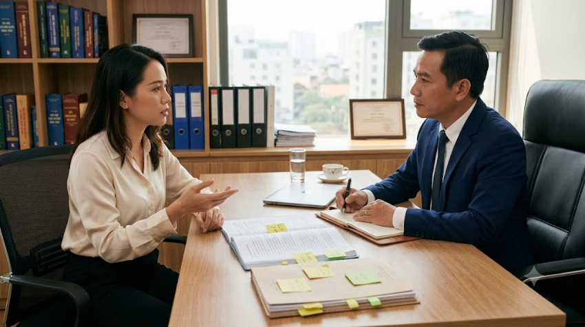 Người yêu cầu ly hôn trao đổi với luật sư về bên còn lại không hợp tác