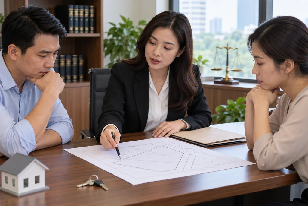 Vợ chồng trao đổi với luật sư về sơ đồ đất và quyền sử dụng đất
