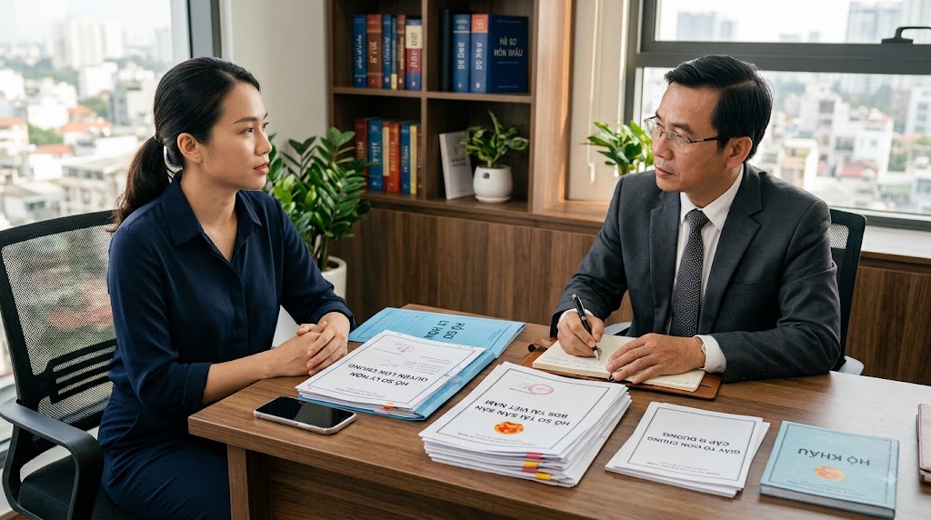 Khách hàng trao đổi sớm với luật sư về vụ việc ly hôn