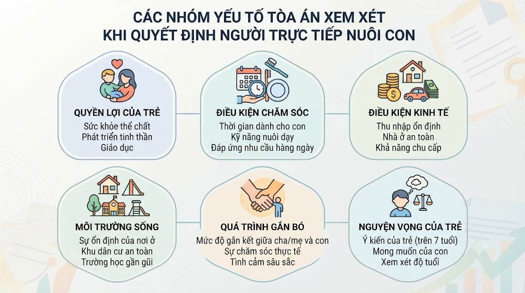 Các nhóm yếu tố Tòa án xem xét khi quyết định người trực tiếp nuôi con