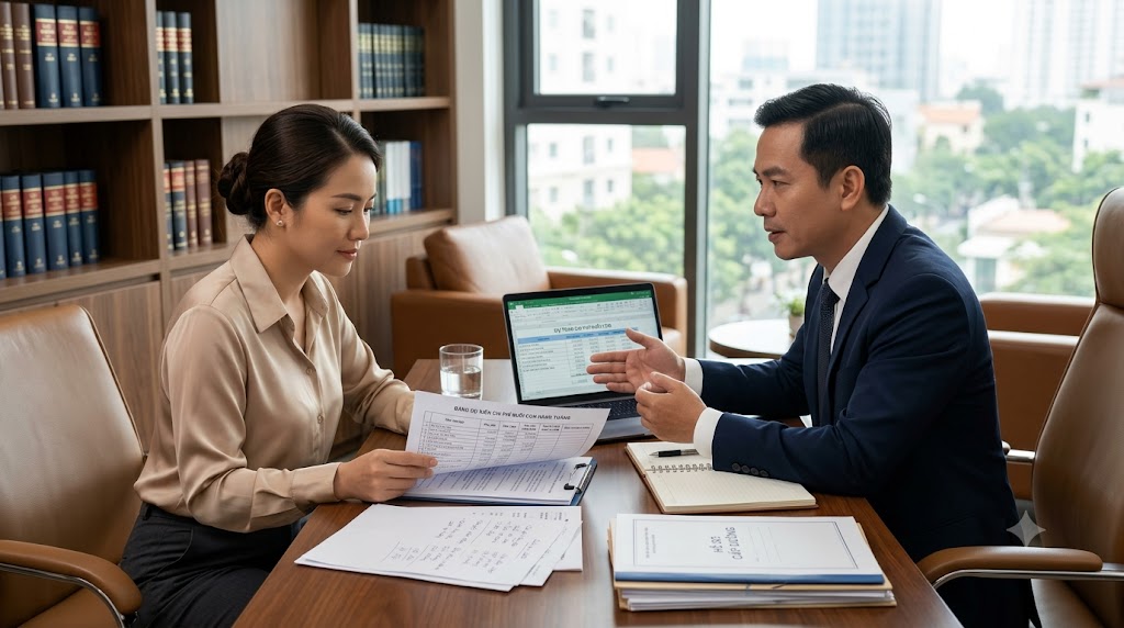 Người mẹ tính toán chi phí và cấp dưỡng nuôi con hàng tháng