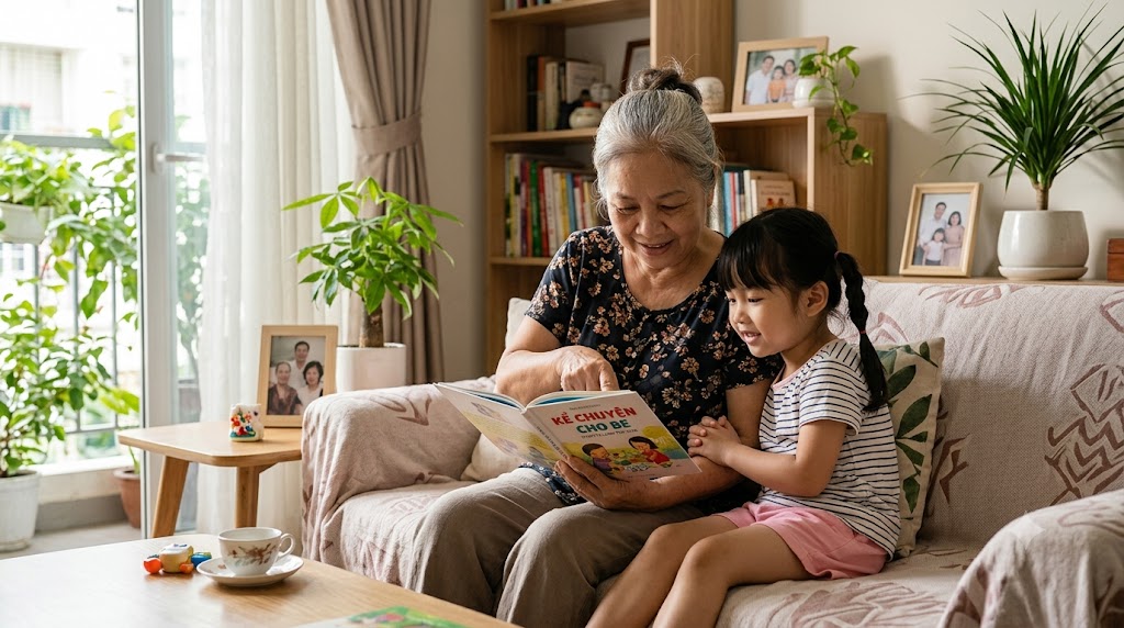 Bà và cháu sinh hoạt cùng nhau trong gia đình
