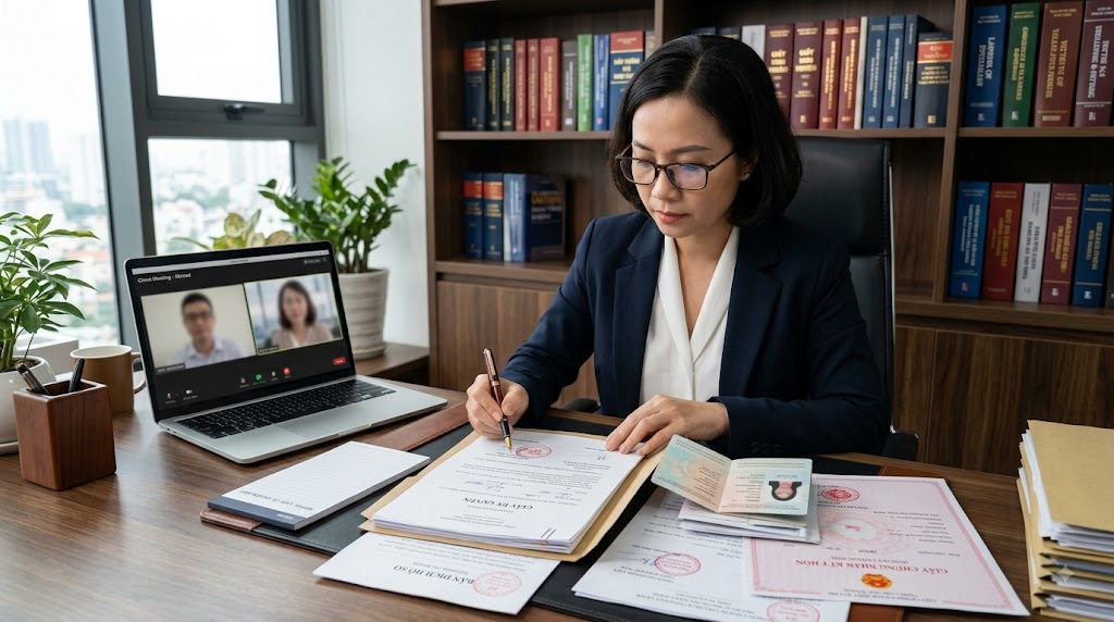 Luật sư rà soát giấy tờ và tài liệu từ nước ngoài